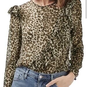 Topshop Blouse Top Leopard Print Ruffled Sheer Long Sleeve Size 2 NEW